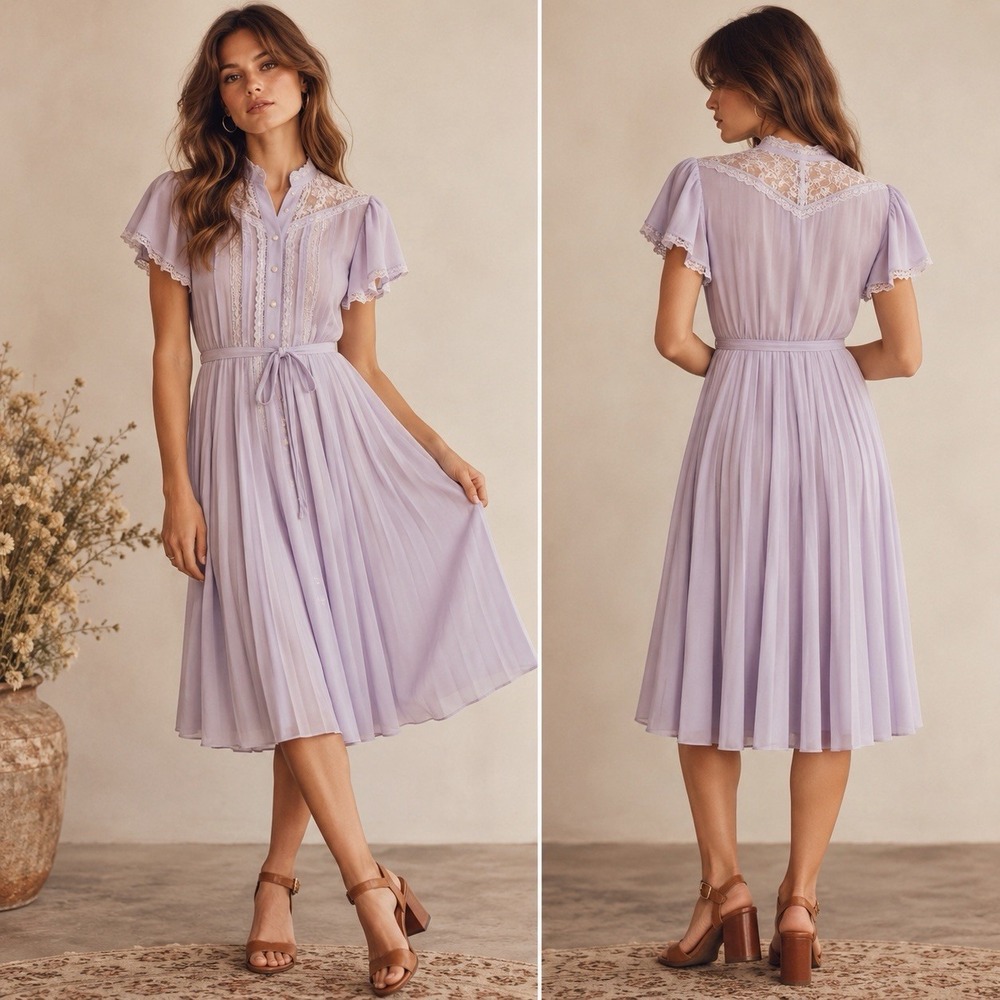 Vintage 70s Montgomery Ward Lace Midi Dress L Purple Pleated Prairie Victorian